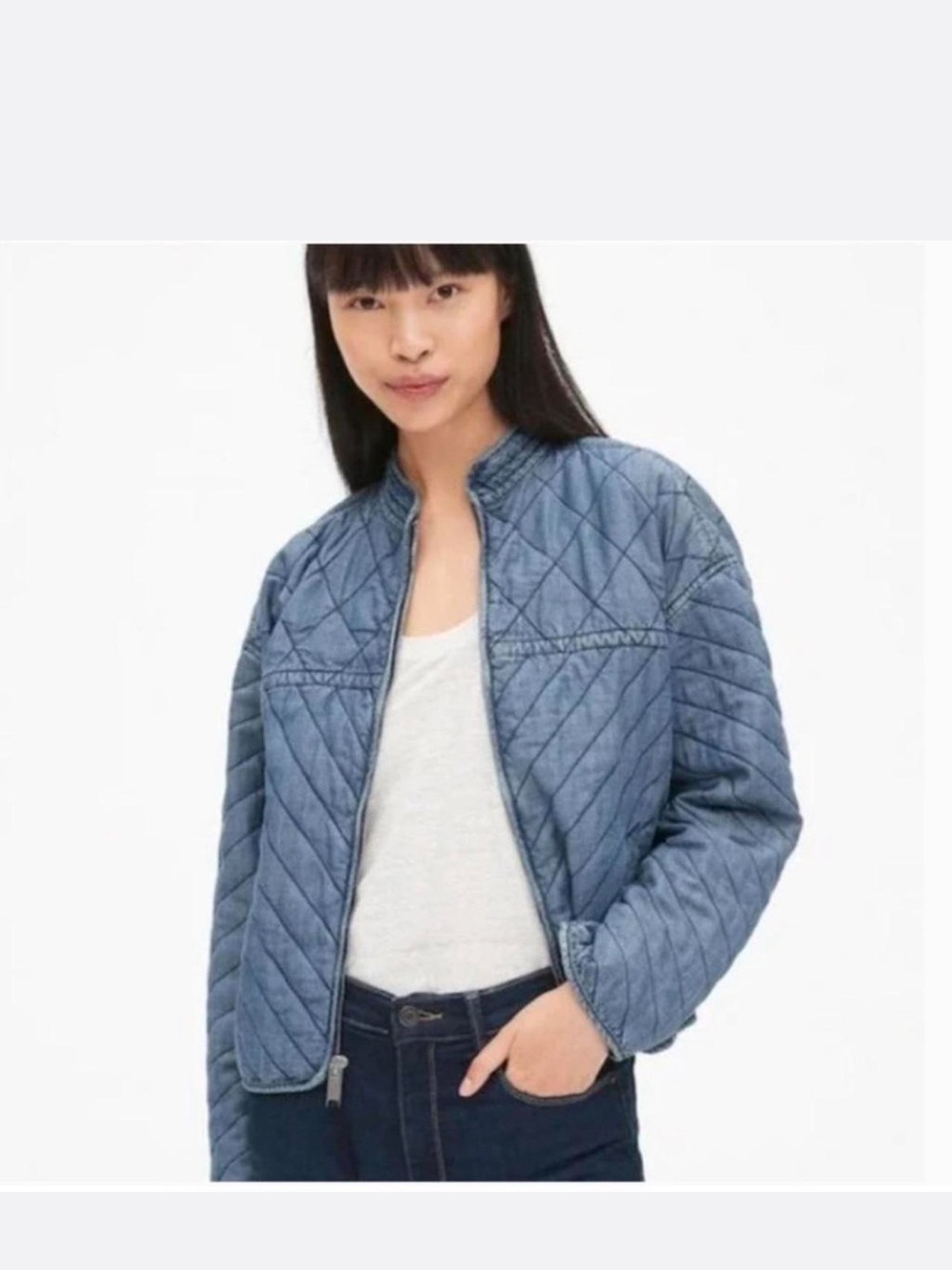 GAP Quilted Bomber Denim Jacket Blue Chambray Boho Western Paisley XS